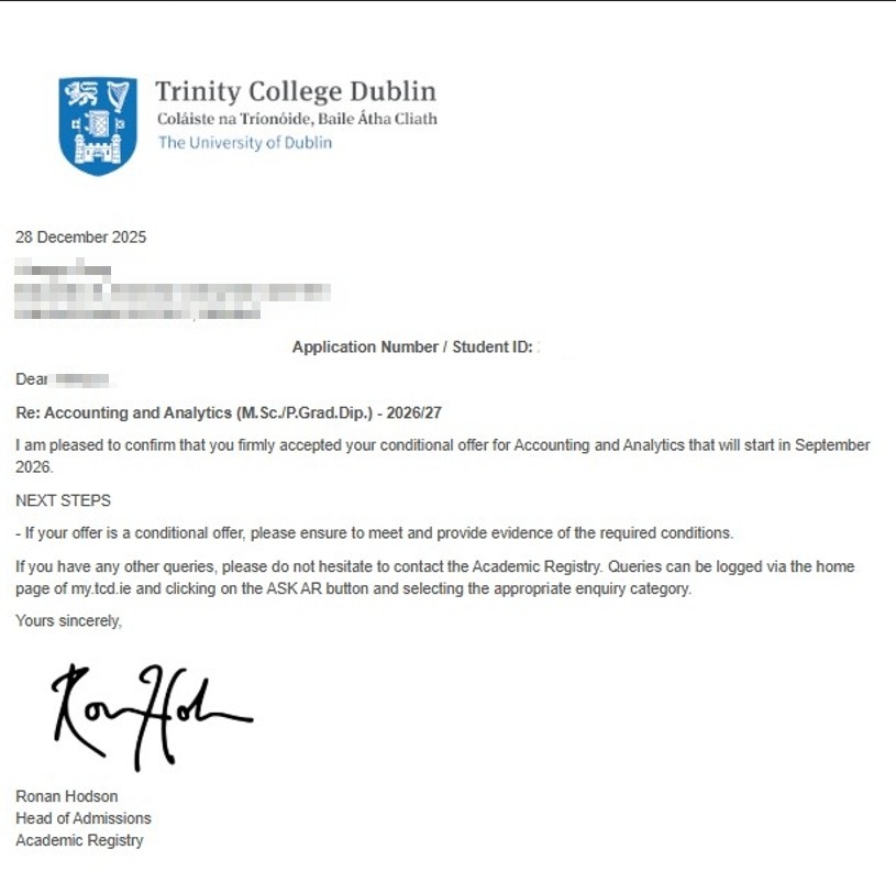 Trinity College Dublin 錄取通知