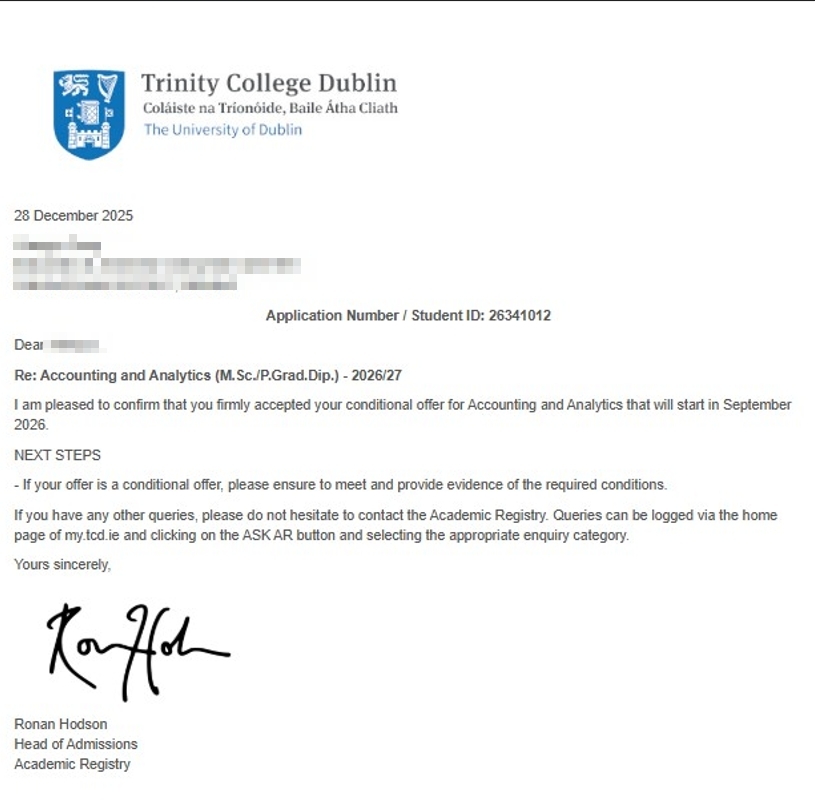 TCD 學校入取通知信_GLC鉅霖